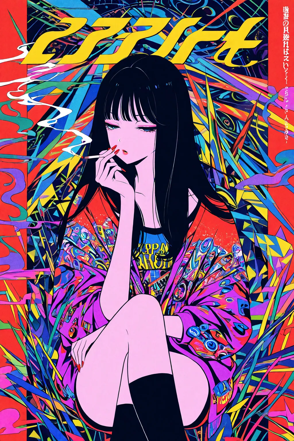  flat color, gyaru, cool beauty, black hair, slender body, half-closed eyes, rest, japan exotic fashion, neon motif room, feet out of frame, smoking, cigarette, geometric movie poster, abstract  art, upper  body,