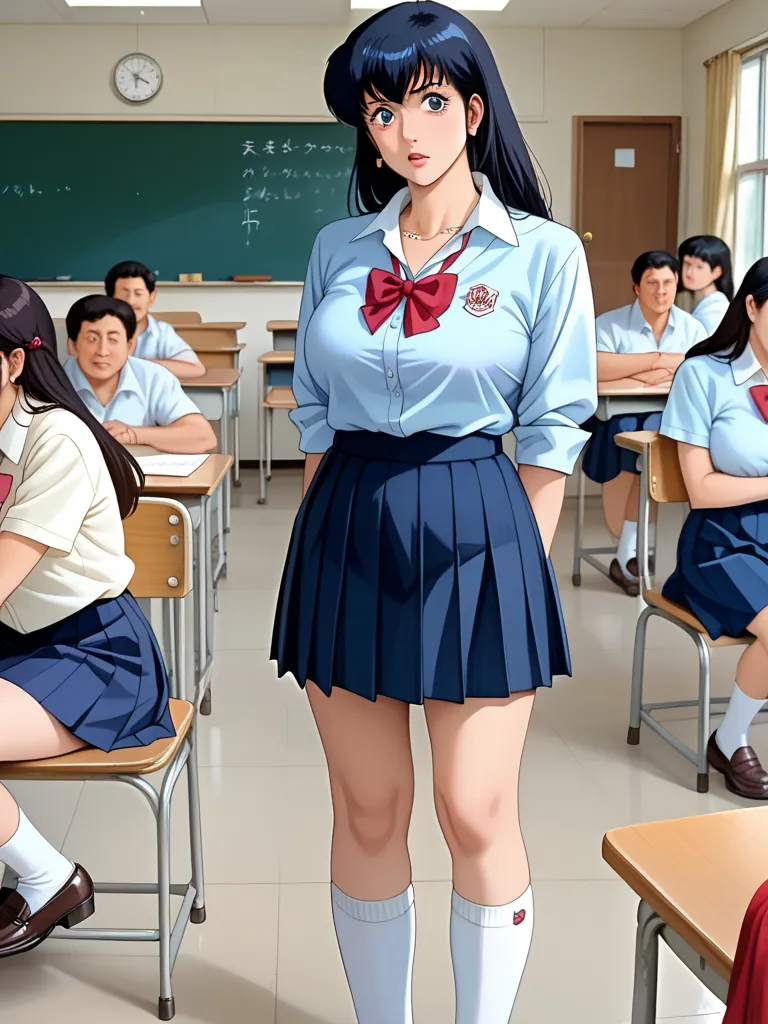 Kyoko Otonashi, otonadhi kyoko , One MILF, matuer female , (( top quality )), (( masterpiece)), ( High Resolution), 8k,  Best Shadow,   best natural light  , The woman is standing in the classroom, Frontal Composition, All the students are paying attention...