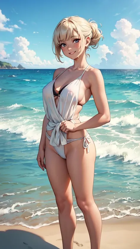 A smiling face, , realistic, ( barefoot on a sunlit beach, facing the ocean. The warm sand and gentle waves are visible at her feet. The sun is shining brightly, casting a golden hue on her skin. She’s wearing a breezy, light-colored sky blue swimsuit, her...