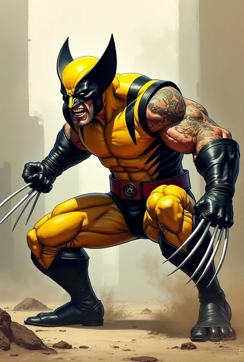 Wolverine , trage original, Fighting,  realistic drawing  , tattoo style , for calves  ,one leg in the front the other in the back, Half squats, aiming for a blow, In perspective, Trage original yellow ,white eyes 