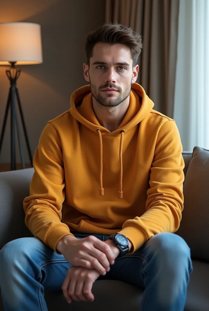 Create the image of a 25-year-old man, Old money brown hair, brown eyes, lightly tanned skin wearing Manfinity Homme Men's Solid Color Sweatshirt with Kangaroo Pocket and Drawstring, Casual Sport and Manfinity RivetRise Jeans for Men with Flap Pockets and ...