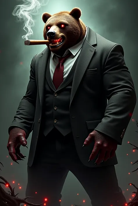 Draw a demonic brown bear dressed in a muscular suit and let this bear smoke cigars 