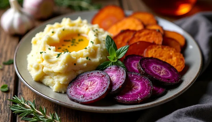 A vibrant and colorful plate featuring purple sweet potatoes prepared in various ways: roasted, mashed, and sliced. The roasted purple sweet potatoes are crispy on the edges with a golden-brown glaze, while the mashed potatoes are creamy and fluffy with a ...