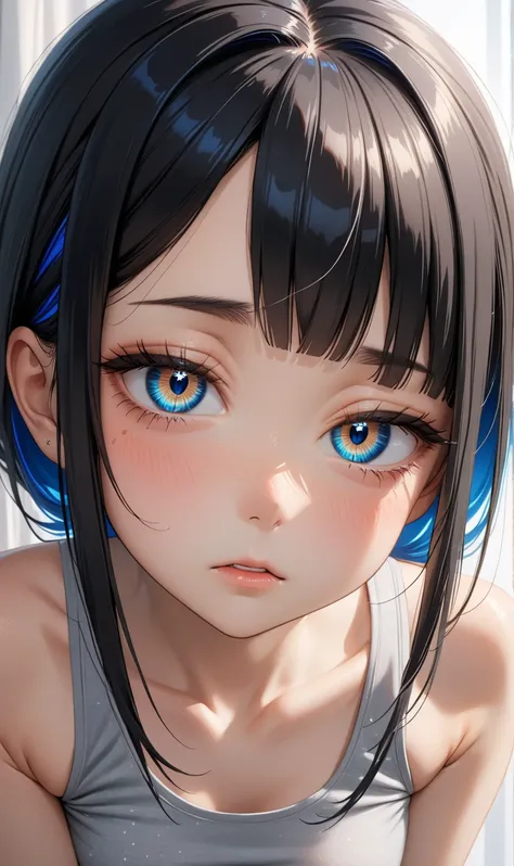 Close up, ((Random porn pose)), (Cute girl), ((Ultra detailing)), (very aesthetic, best quality, ultra detailed), intricate details, 1girl, Black hair, (Random hairstyle), Blue inner hair , ((Detailed eyes)), ((Beautiful eyes)), ((prefect eyes)),sharp jawl...