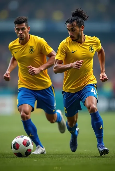 Create an image of two serious soccer players wearing a yellow Jordan brand t-shirt with blue pants 