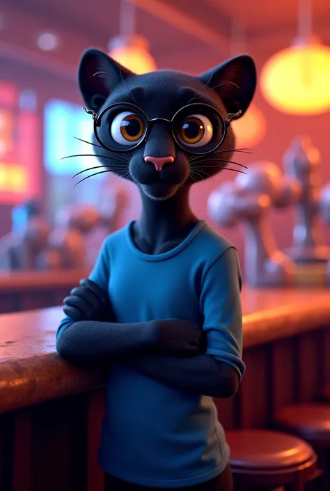 A cute and cuddly panther with seductive eyes who wears round reading glasses and a blue long-sleeved t-shirt is standing on both legs, she's at the bar having a drink like Disney characters in 3D.