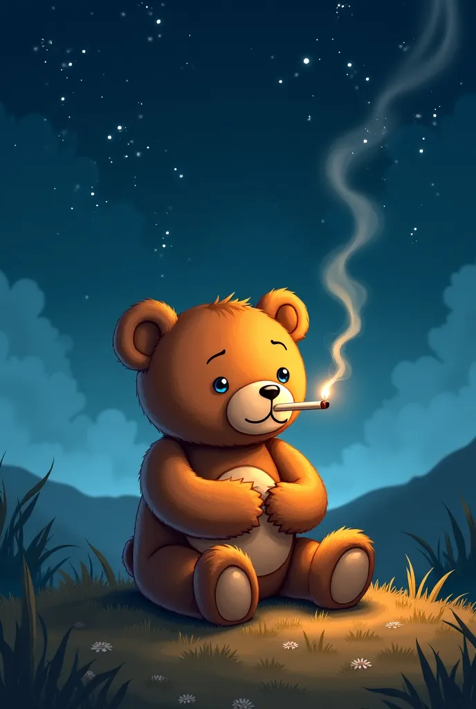 Cartoon of a teddy bear smoking cigarettes looking at the stars
