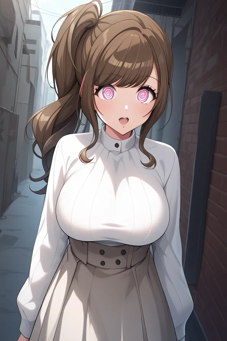 score_9, score_8_up , score_7_up ,source_anime, 1girl ,marika,standing,hands down,huge breasts, expressionless,(hypnosis eyes:1.15),brown hair,open mouth,white sweater,flared skirt,in back alley