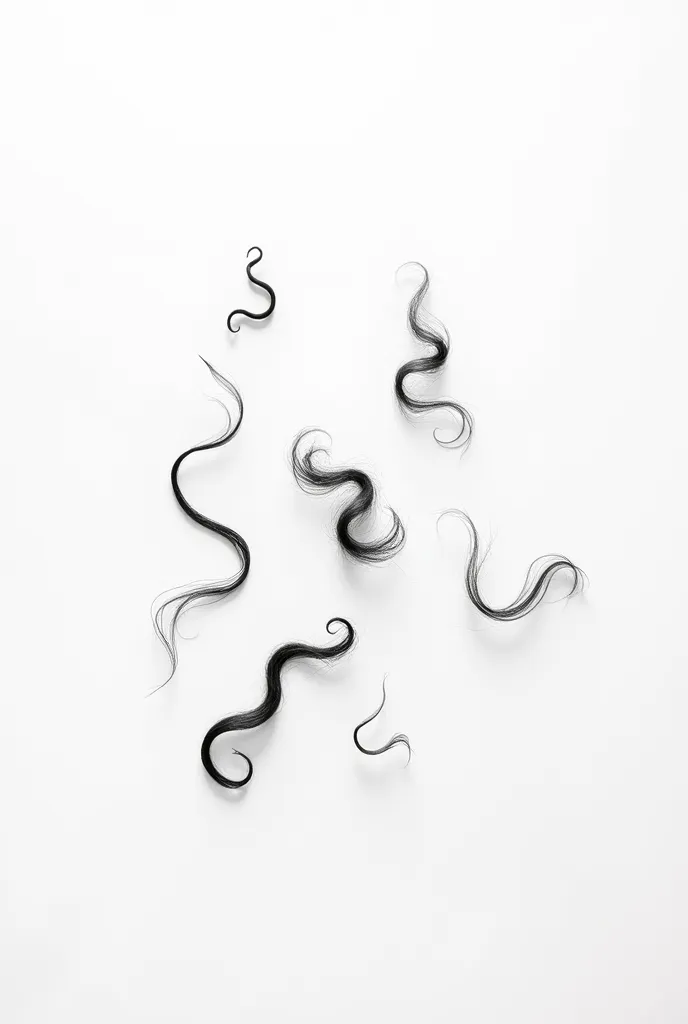 a totally white background with locks of cut hair of all kinds (curly, seeds, etc) scattered on the white background, The image is in black and white 