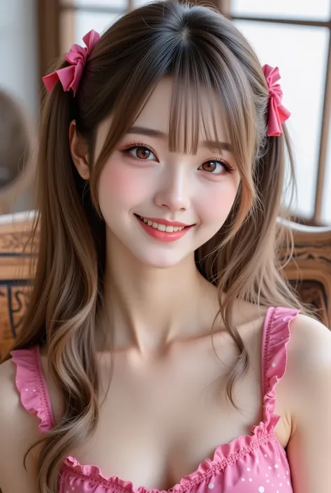 (masterpiece, Highest quality:1.1), (8k, RAW photo, Photorealistic:1.2, F22), (  shiny skin), Japanese,detailed skin,long hair,ribbons,detailed faces, detailed eyes,smilee,break,  The Real World, 複雑な詳細, smile, break, 1 girl, full body,(Short sleeve, dress,...