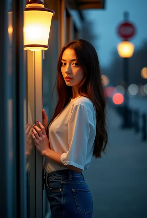 Image of a tall slender woman on a gray evening already darkening, She wears blue jeans and white blouse, long dark brown hair and very pretty with her face, fine features, she is in a corner standing next to a bus booth. The scene takes place in a faint l...