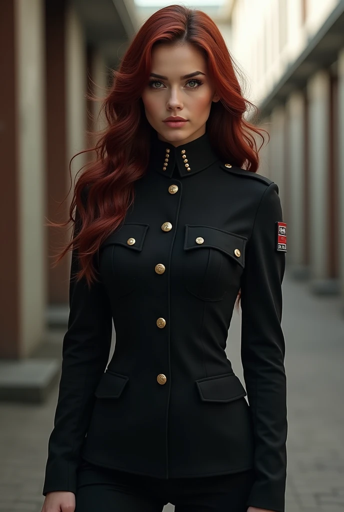 Realistic without exaggeration, well-done features and subtle,  Woman,  athletic physique , sharp and attractive light brown look a bit tight, dark red voluminous long hair,  side fringes, delicate face,  black military uniform , At the barracks