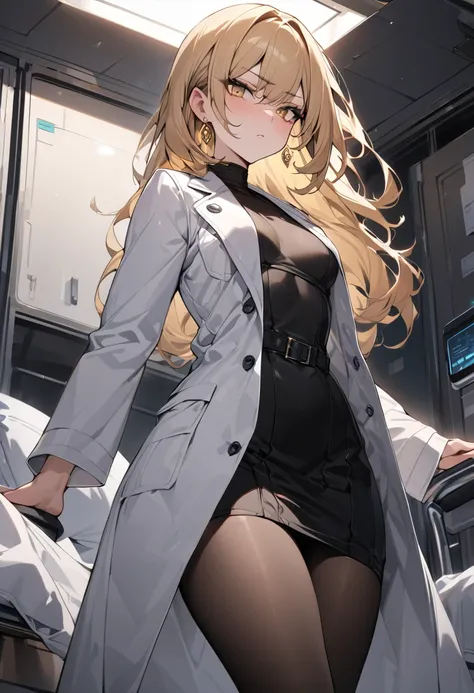 ((Greatest Masterpiece,Ultra High Quality:1.2)),(super resolution),(solo),cowboy shot,Hospital at night,Female doctor with a slender figure and small breasts,beautiful faces, long golden hair,perfect golden eyes, serious expression,High quality doctor's wh...