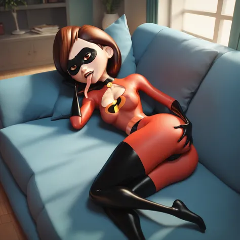 masterpiece, best quality, sexy posing, helenparr, domino mask, mask, transparent bodysuit, elbow gloves, thighhighs, lying on couch, living room, cleavage, wide hips, face back, ass grab, long tongue, cameltoe,