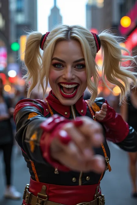 Close-up Harley Quinn Margot Robbie, smiling. Dancing in the street.