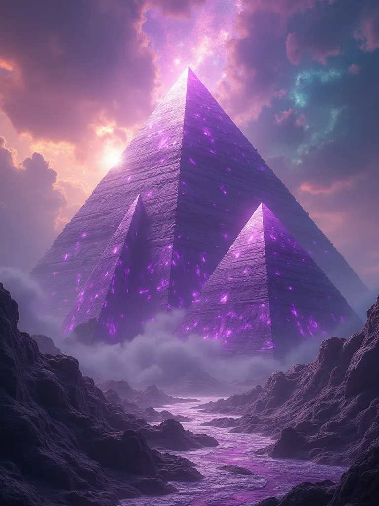  Pyramids of Giza , Made from the amethyst gemstone . In the background there is a sky like nebulae