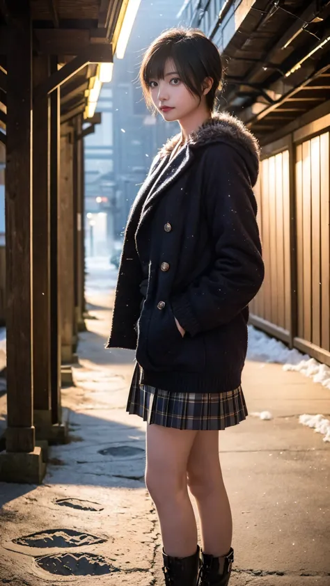 A young Japanese woman in her 20s walks through a narrow alley on a quiet winter night, as snow gently falls and blankets the ground. She wears a stylish yet warm winter coat, a short mini skirt, and cozy boots, with her bare legs subtly exposed to the col...