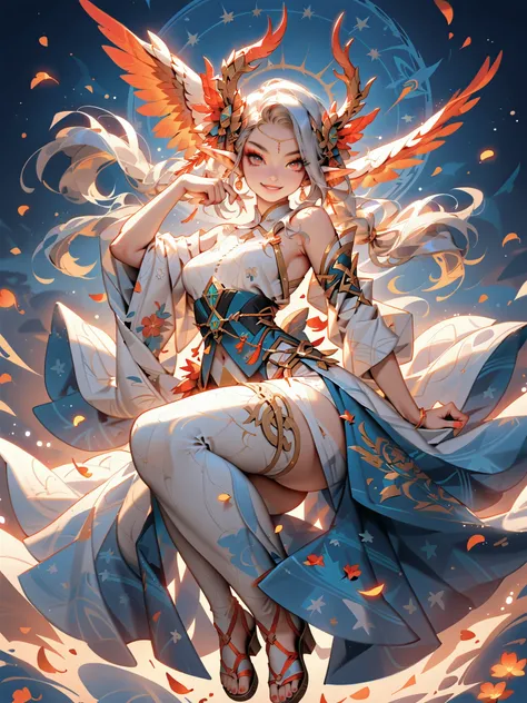 dynamic pose（Aerial Creature Summoning、Revolving Flight、One Phoenix）、(Foldable Silk Fanを優雅に開き、dancing Japanese dance,)young age beauty(A deep smile,Gray Hair, elf ears,slender figure,supple and curved proportions that glow in Prism School's rainbow colors）...