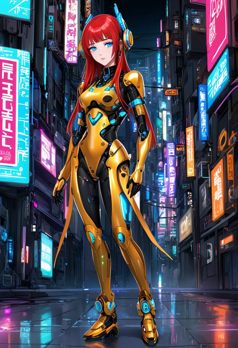 Android Girl, golden clothes, red long hair, blue shinning eyes, cyberpunk girl, droid girl, ecchi, full body picture, neon, futurist, cyberpunk tecnology.