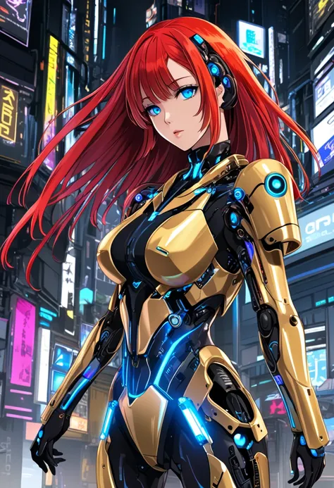 Android Girl, golden clothes, red long hair, blue shinning eyes, cyberpunk girl, droid girl, ecchi, full body picture, neon, futurist, cyberpunk tecnology.