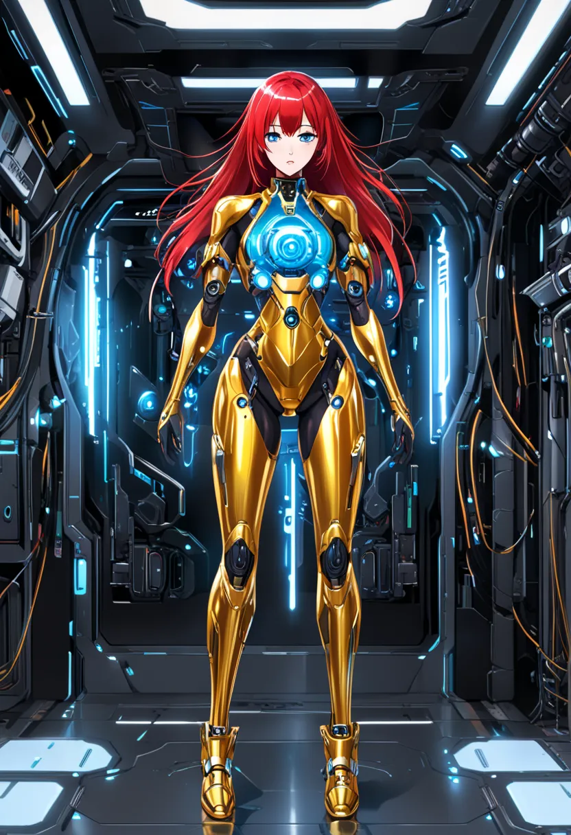 Android Girl, golden clothes, red long hair, blue shinning eyes, cyberpunk girl, droid girl, ecchi, full body picture, neon, futurist, cyberpunk tecnology.