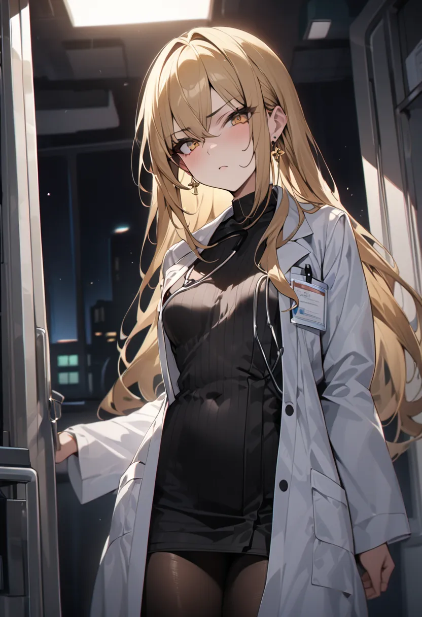 ((Greatest Masterpiece,Ultra High Quality:1.2)),(super resolution),(solo),cowboy shot,Hospital at night,Female doctor with a slender figure and small breasts,beautiful faces, long golden hair,perfect golden eyes, serious expression,high quality doctor robe...