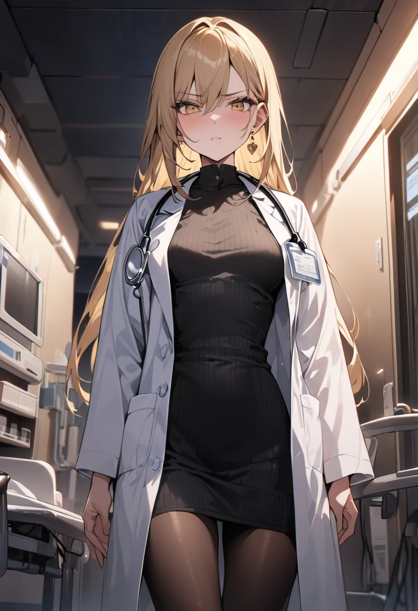 ((Greatest Masterpiece,Ultra High Quality:1.2)),(super resolution),(solo),cowboy shot,Hospital at night,Female doctor with a slender figure and small breasts,beautiful faces, long golden hair,perfect golden eyes, serious expression,high quality doctor robe...