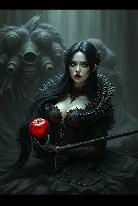 Girl, long black hair ，The Black Queen，  accessories  ，apple in hand，poison apple，the queen of witches， lipstick 