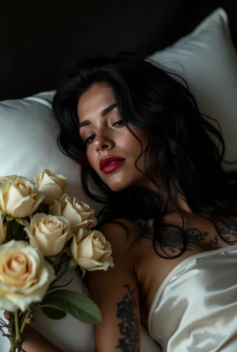 cinematic image of woman of 41 years  side view, lying down athletic with very long and messy black hair, covering her faces except lips and nose, tattoos on brown skin, thick red lips , next to a bouquet of dried White  roses,white pillow, wink of an eye ...