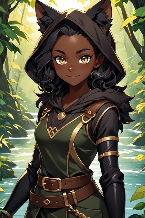 In the style of detailed DnD Fantasy anime, Sable is a mischievous  black skin-fur anthropomorphic cat-person-girl rogue,black cat-adventurer, A sleek and agile 16-year-old girl with deep black fur that shimmers subtly in the light, Her hair is long and sp...