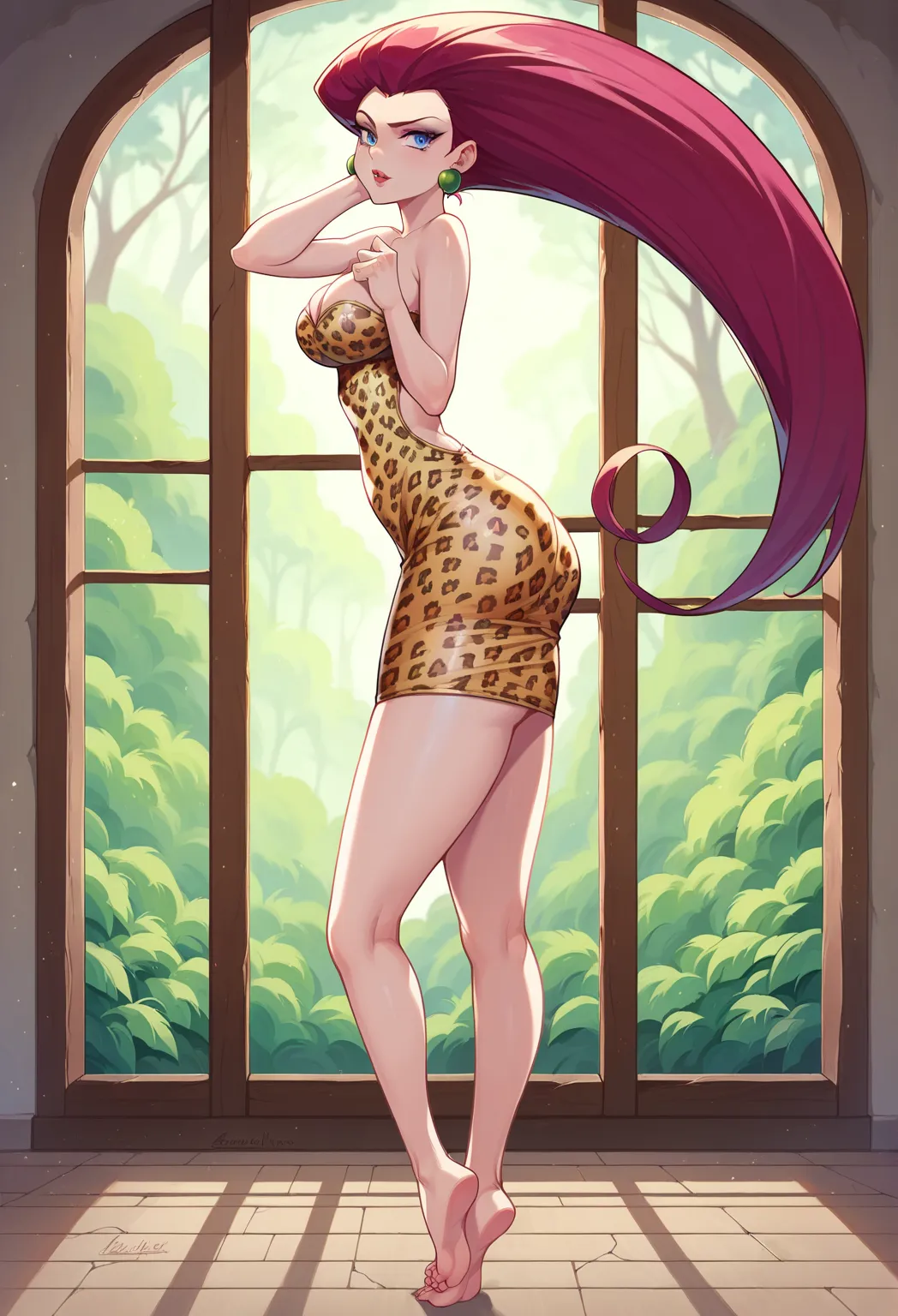 Jessie, leopard mini dress, barefoot,sexy pose, large breast,curvy body