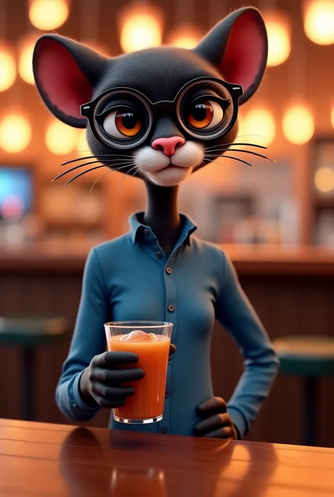 A cute and tender panther with seductive eyes who wears round reading glasses and a blue long-sleeved shirt is standing on both legs in a bar, drinking a beverage, Where she takes her complete how to take a picture of her, Like Disney characters in 3D