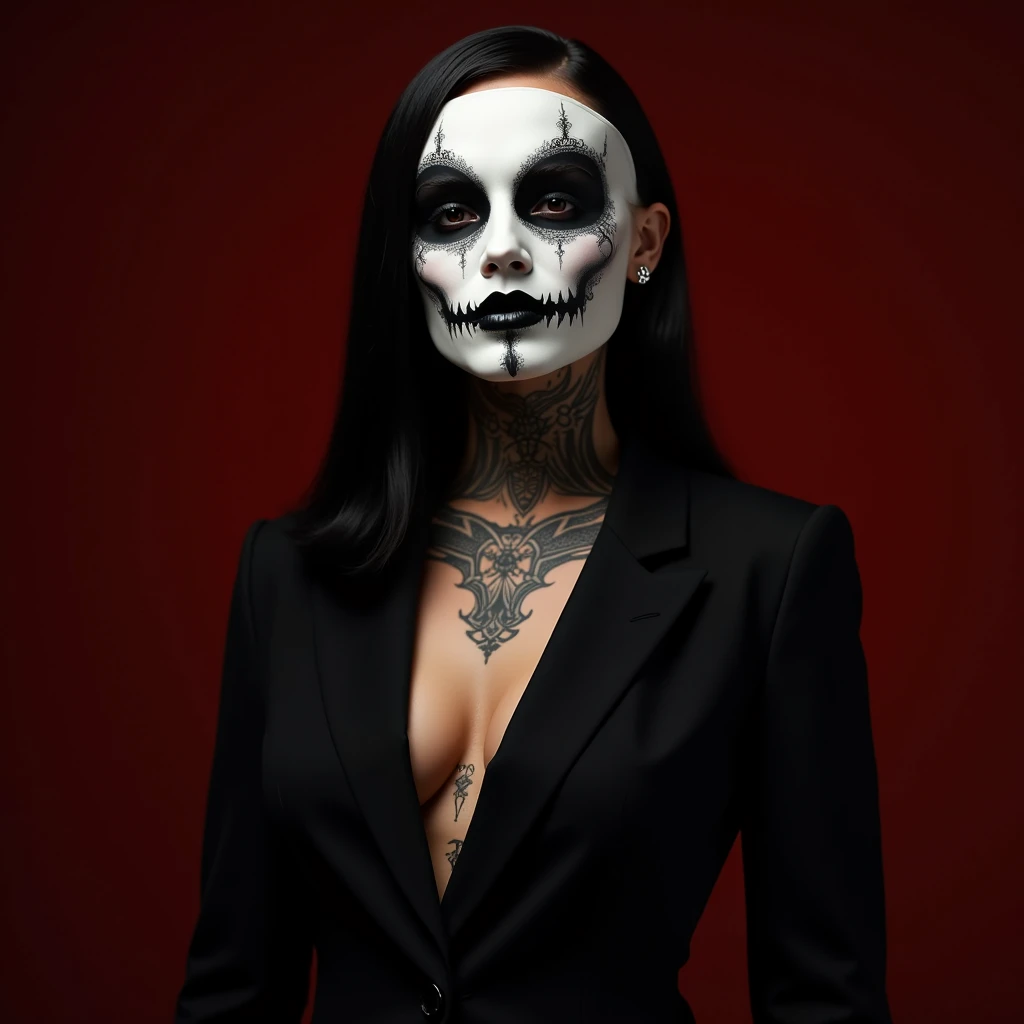 "A mysterious woman wearing an elegant, well-fitting black suit, with an imposing posture. Her face is covered by a white porcelain mask with dark, empty eyes, smoky shadows around it, and ornamental details drawn in black on the sides. The mouth of the ma...