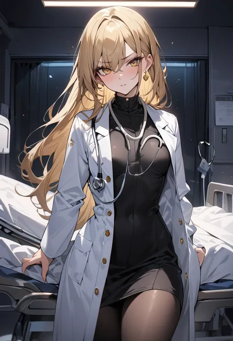 ((Greatest Masterpiece,Ultra High Quality:1.2)),(super resolution),(solo),cowboy shot,Hospital at night,female doctor with a slender figure and small breasts,beautiful faces, long golden hair,perfect golden eyes, serious expression,High quality pure white ...