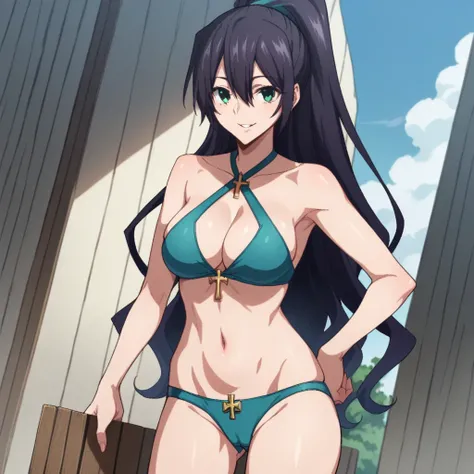 score_9, score_8_up, score_7_up, source_anime, otoya, black hair, long hair, ponytail, green eyes, blue cross-halter-bikini, (((blue v-shaped panties))), bare stomach, navel cutout, cleavage, smile, parted lips, looking at viewer, cowboy shot, dutch angle,...