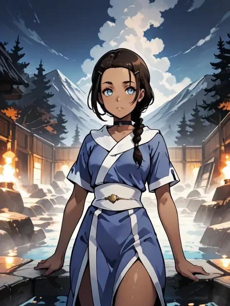 katara, long hair, blue eyes, brown hair, black hair, hair ornament, hairclip, braid, single braid, braided ponytail, dark skin, dark-skinned female, choker, short sleeves, robe, blue robe, sash, 8k, Obra maestra, mejor calidad, ultra detallado, detalles i...