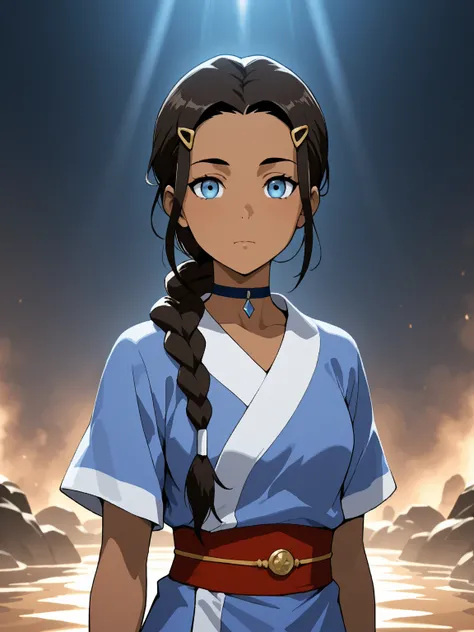 katara, long hair, blue eyes, brown hair, black hair, hair ornament, hairclip, braid, single braid, braided ponytail, dark skin, dark-skinned female, choker, short sleeves, robe, blue robe, sash, 8k, Obra maestra, mejor calidad, ultra detallado, detalles i...