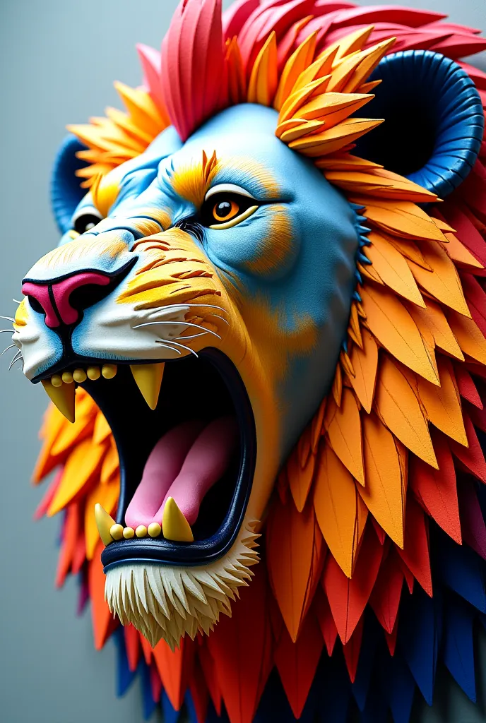 (Close-up of a roaring lion's head ), (happy), Eduardo Kobra stuffed, MULTIDIMENSIONAL GEOMETRIC WALL PORTRAIT, until, Chibi, yang08k,  beautiful, colorful,  masterpieces ,  top quality, accessories, until oficial,  beautiful y estético,