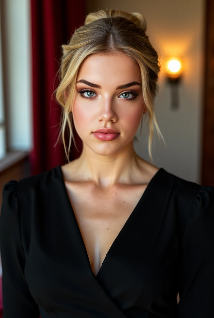 Generate a blonde woman with white skin and flawlessly straight hair pulled back into a tidy bun. Her red lipstick and understated eye makeup enhance her natural beauty in a candid half-side selfie captured with warm, ambient lighting. Clad in a refined lo...