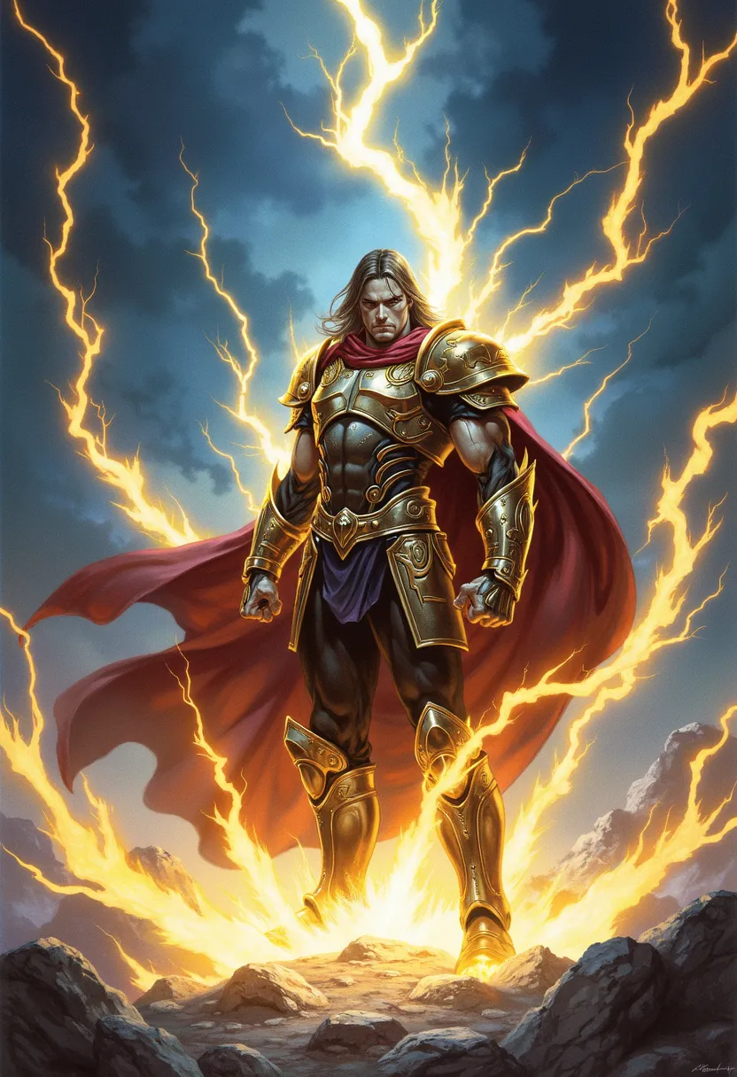 Golden lightning crackles through the air as a mighty warrior stands poised for battle. Ornate armor gleams with supernatural radiance, while a dramatic cape billows in the energy-charged atmosphere. Brilliant magical forces spiral outward, creating a stun...