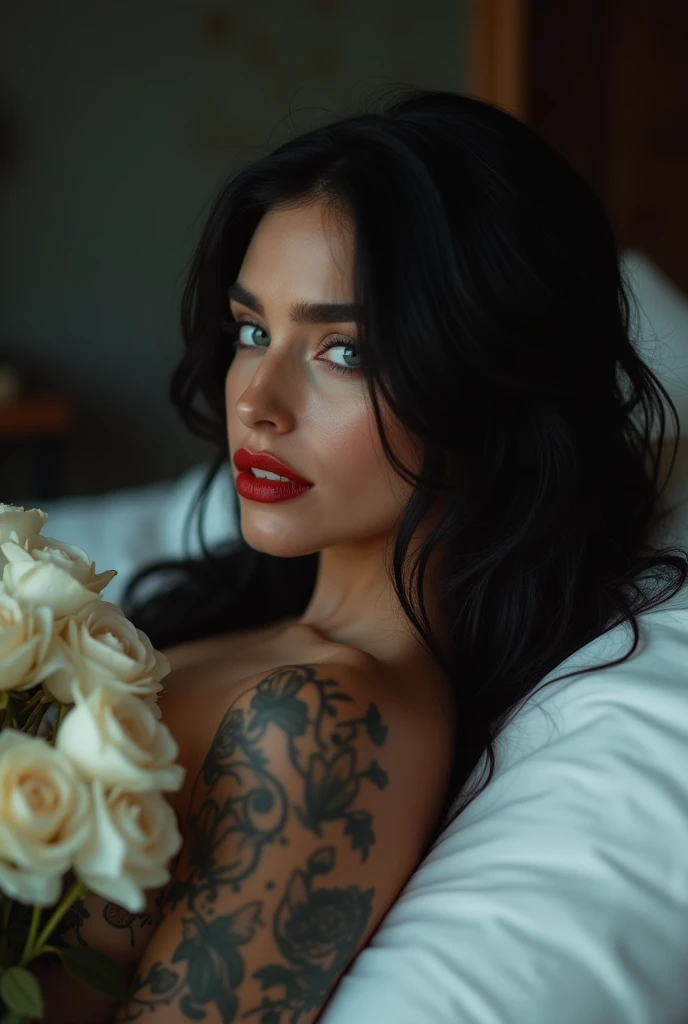 cinematic image of woman of 41 years  side view, lying down athletic with very long and messy black hair, covering her faces except lips and nose, tattoos on brown skin, thick red lips , next to a bouquet of dried White  roses,white pillow, wink of an eye ...