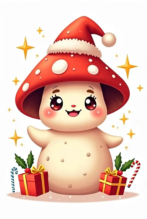 Create a kawaii Christmas mushroom character, featuring a cute and happy mushroom with big sparkling eyes, wearing a Santa hat, surrounded by small festive details like snowflakes, candy canes, and holiday lights. The design should include vibrant colors, ...