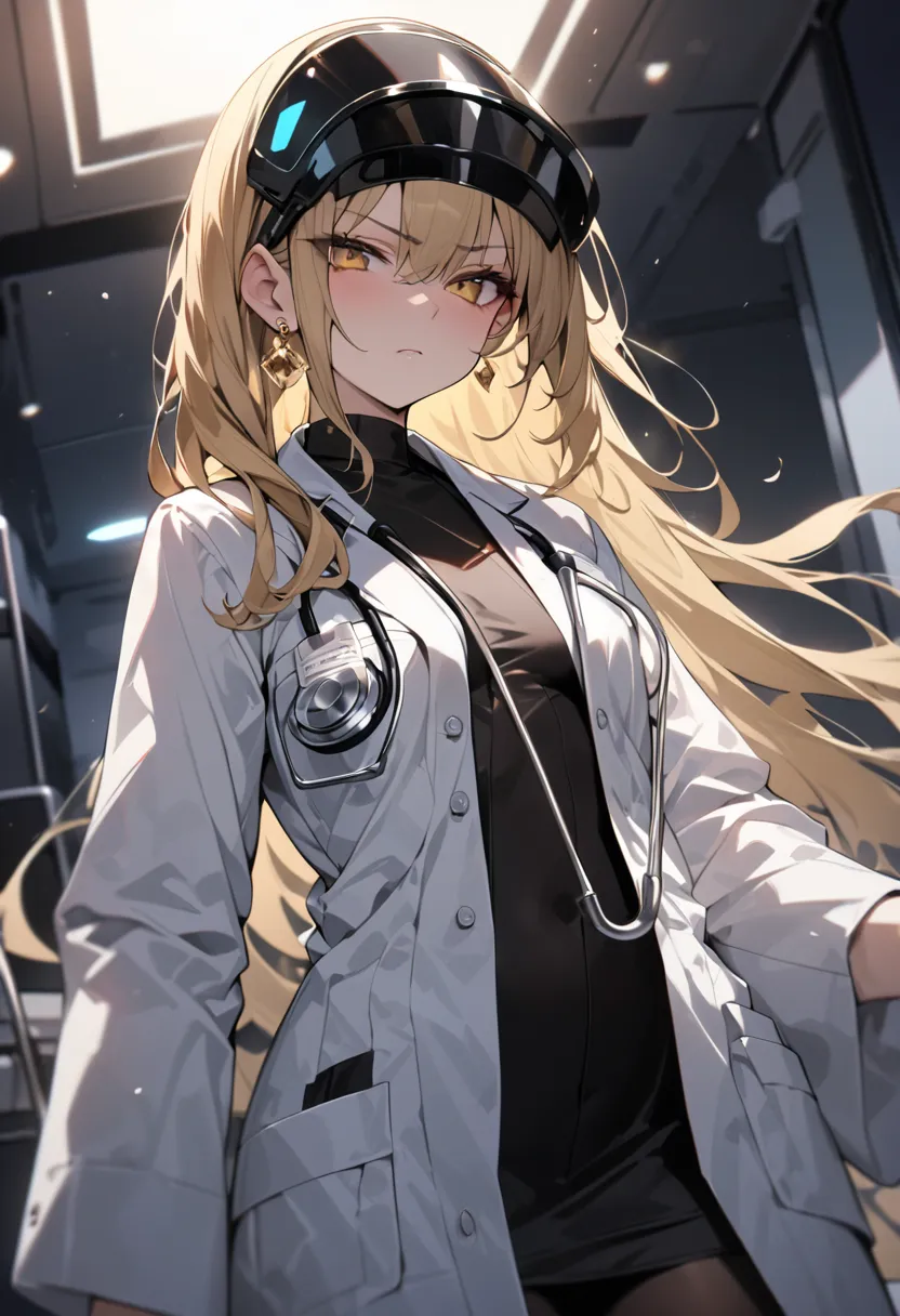 ((Greatest Masterpiece,Ultra High Quality:1.2)),(super resolution),(solo),cowboy shot,Hospital at night,female doctor with a slender figure and small breasts,beautiful faces, long golden hair,perfect golden eyes, serious expression,High quality pure white ...