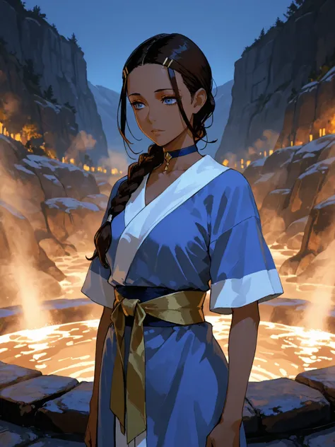 katara, long hair, blue eyes, brown hair, black hair, hair ornament, hairclip, braid, single braid, braided ponytail, dark skin, dark-skinned female, choker, short sleeves, robe, blue robe, sash, 8k, Obra maestra, mejor calidad, ultra detallado, detalles i...