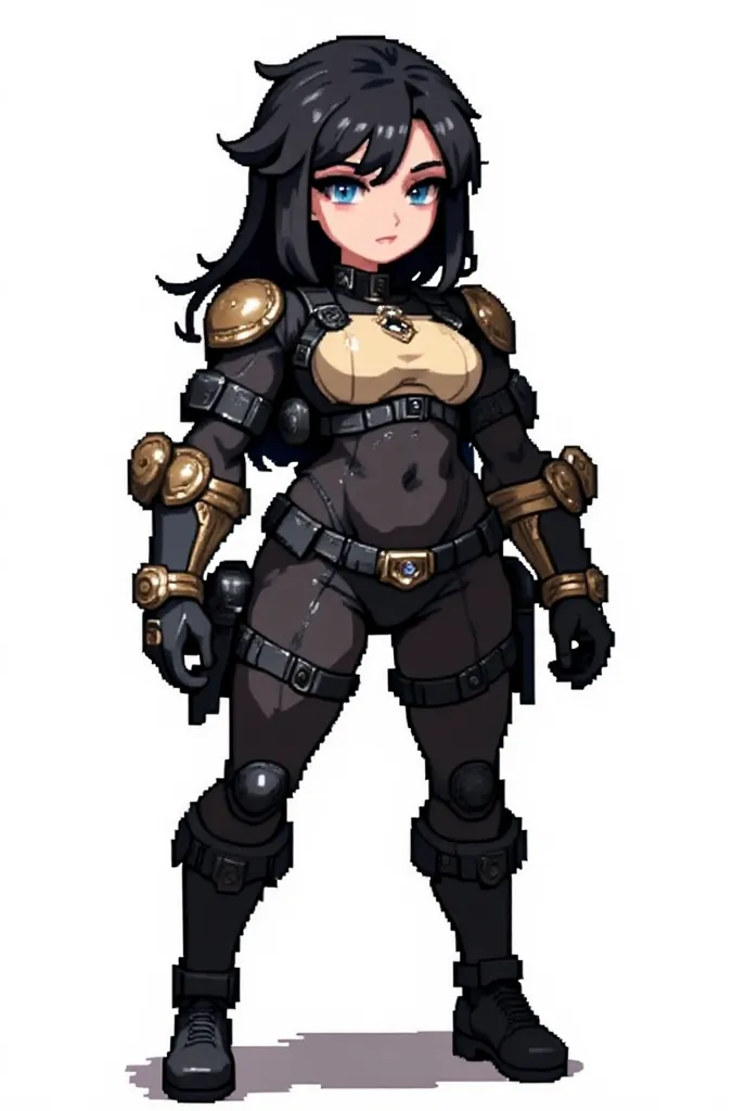 female nazist soldier with black hair and blue eyes, evil, full body, white background, pixel art, anime, black and bege clothing