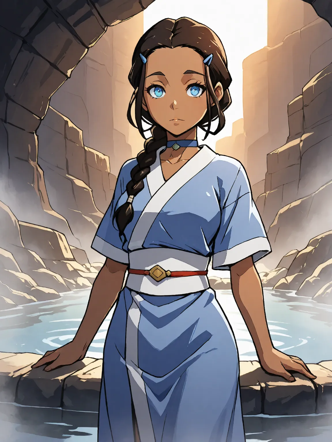 katara, long hair, blue eyes, brown hair, black hair, hair ornament, hairclip, braid, single braid, braided ponytail, dark skin, dark-skinned female, choker, short sleeves, robe, blue robe, sash, 8k, Obra maestra, mejor calidad, ultra detallado, detalles i...