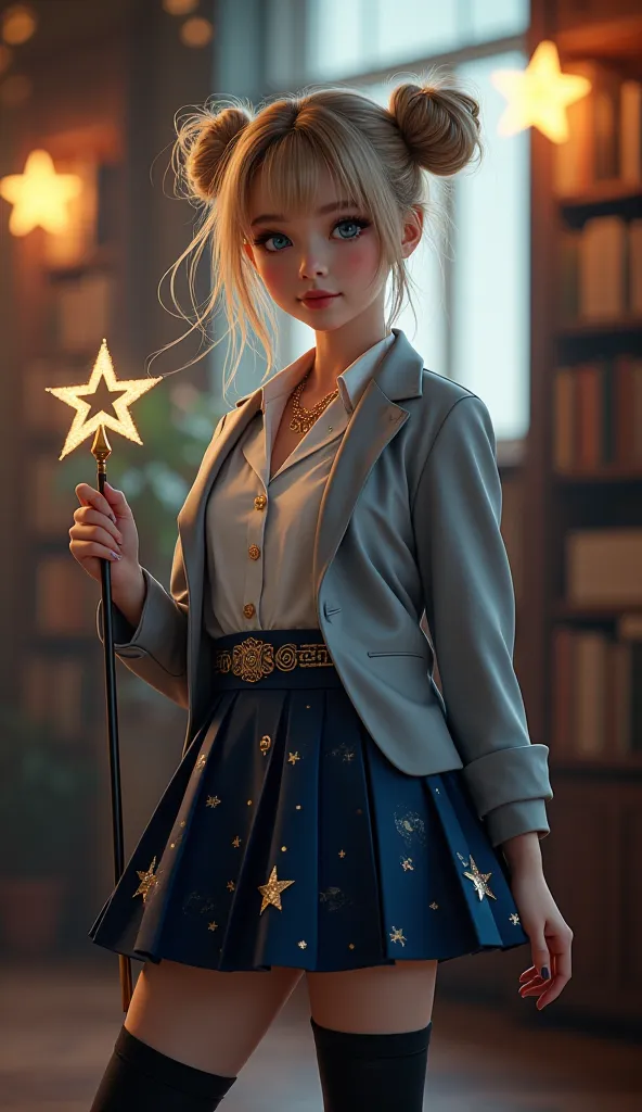 Ultra-realistic portrait of a 16-year-old girl in a magical schoolgirl cosplay:  
- Face: Soft oval shape with subtle high cheekbones, dark blonde hair styled in space buns with UV-reactive star clips, loose strands framing her face.  
- Eyes: Light blue-g...