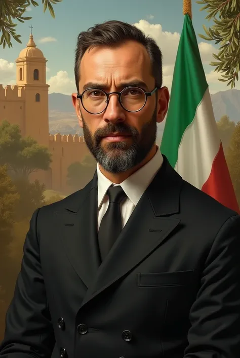 "A realistic portrait of Blas e, the Father of Andalusian Homeland, in a vertical format (9:16). He should be depicted wearing his characteristic dark suit, round glasses, with very short and little hair, no beard, and a serene, intellectual expression. Th...