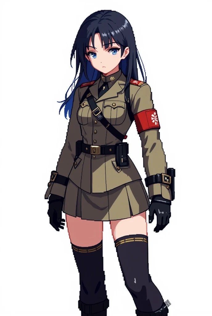 female nazist soldier with black hair and blue eyes using military world war 2 clothing, evil, full body, white background, pixel art, anime, black and bege clothing