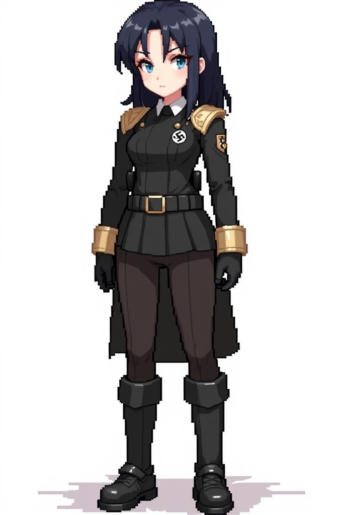 female nazist soldier with black hair and blue eyes using military world war 2 clothing, evil, full body, white background, pixel art, anime, black and bege clothing